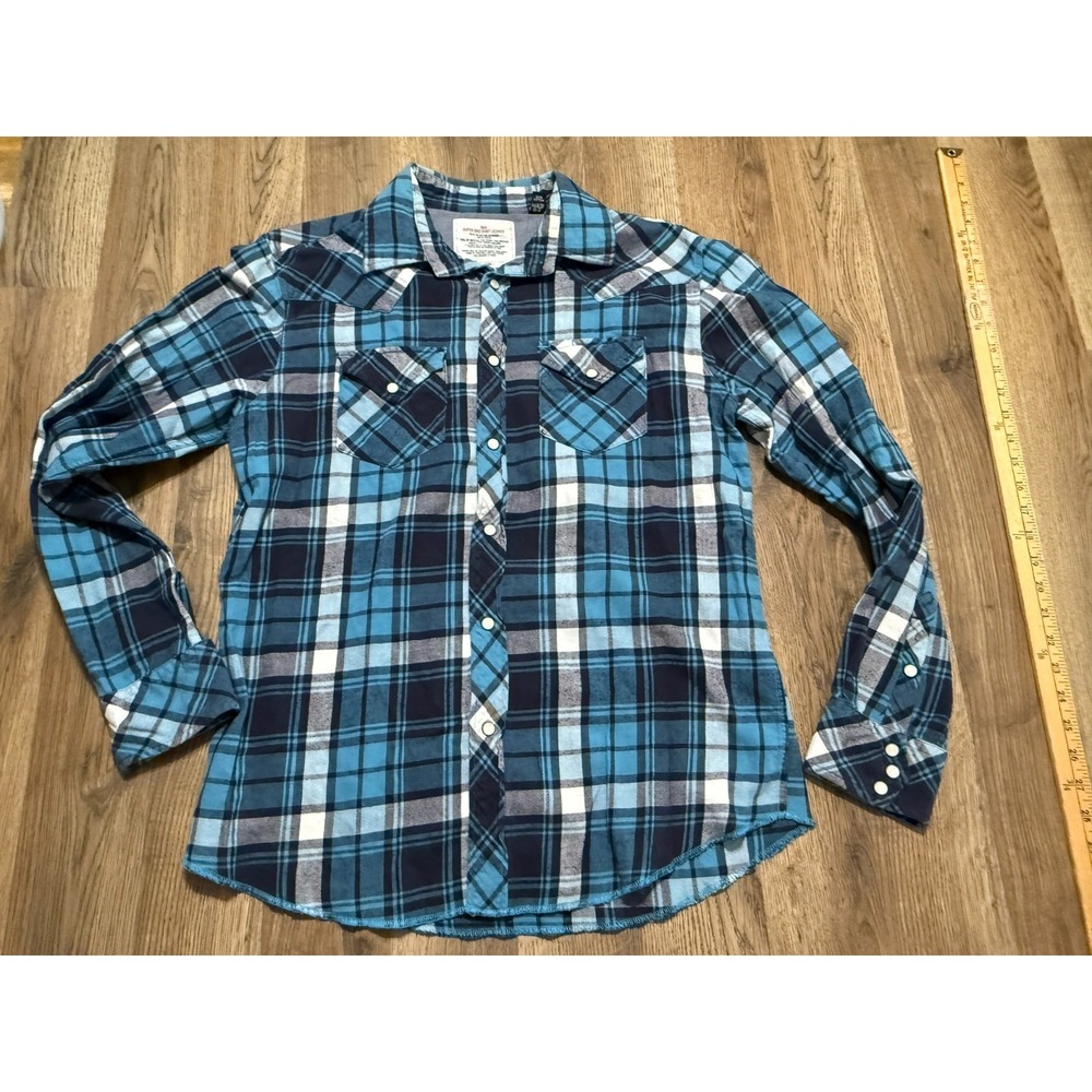 SBS Shirt, Men's Size Large, Blue Plaid Western Long Sleeve Pearl, Super Bad,